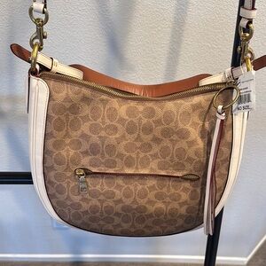 Coach Brown and White Shoulder Bag with Signature Pattern and Adjustable Strap
